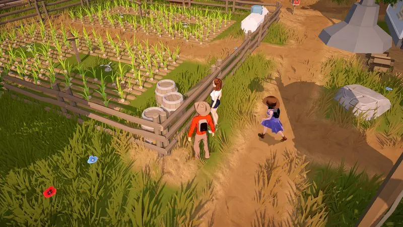 The Ranchers gameplay screenshot: ranchers working a large corn field at harvest