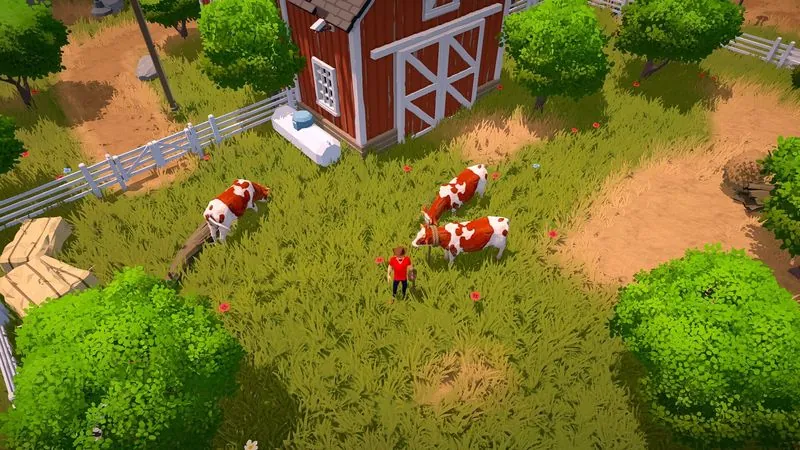 The Ranchers gameplay screenshot: cows grazing outside the red barn