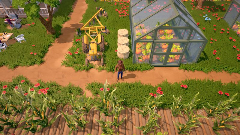 The Ranchers gameplay screenshot: a greenhouse and neat vegetable garden rows