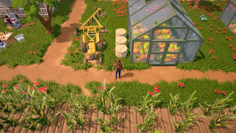 The Ranchers gameplay screenshot: a greenhouse and neat vegetable garden rows