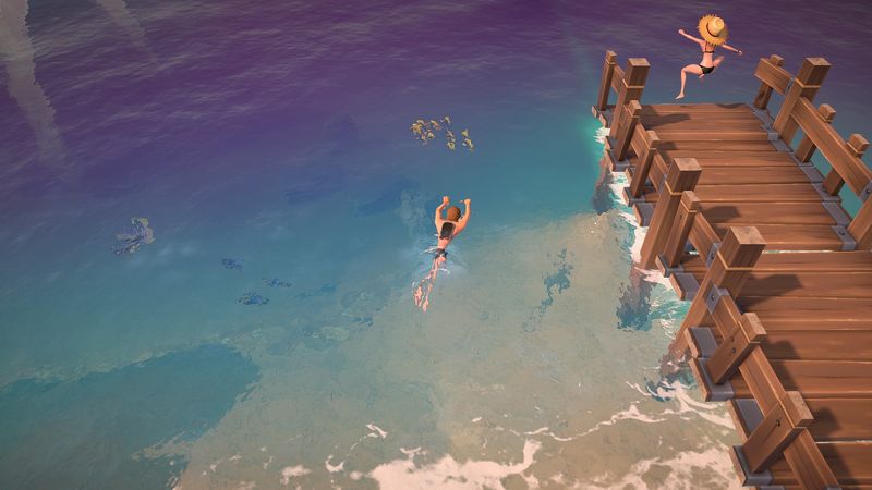 The Ranchers gameplay screenshot: characters swimming by the wooden pier at the coast