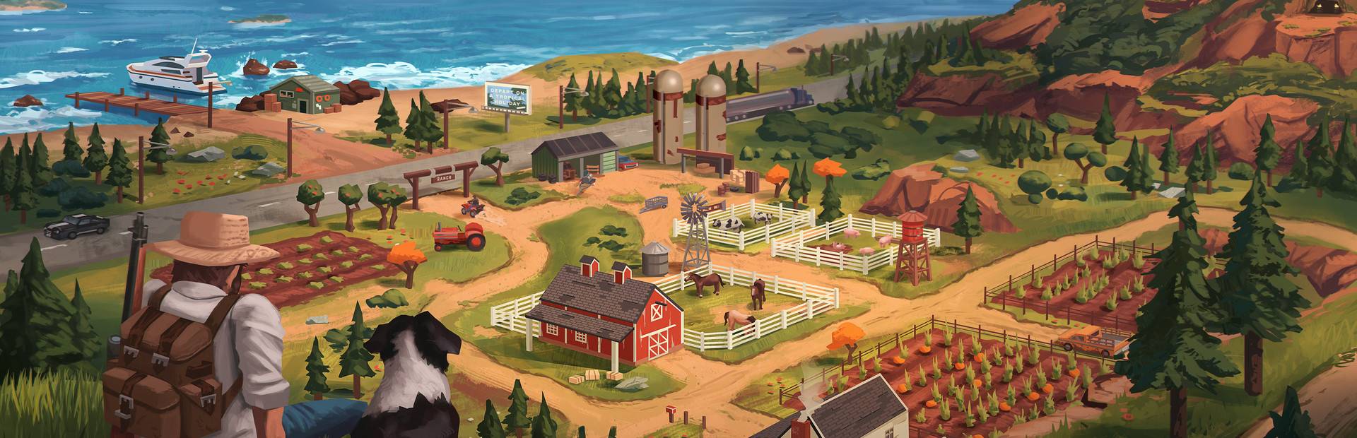 The Ranchers official artwork: a farmer and his dog overlooking their ranch, fields and the coastline