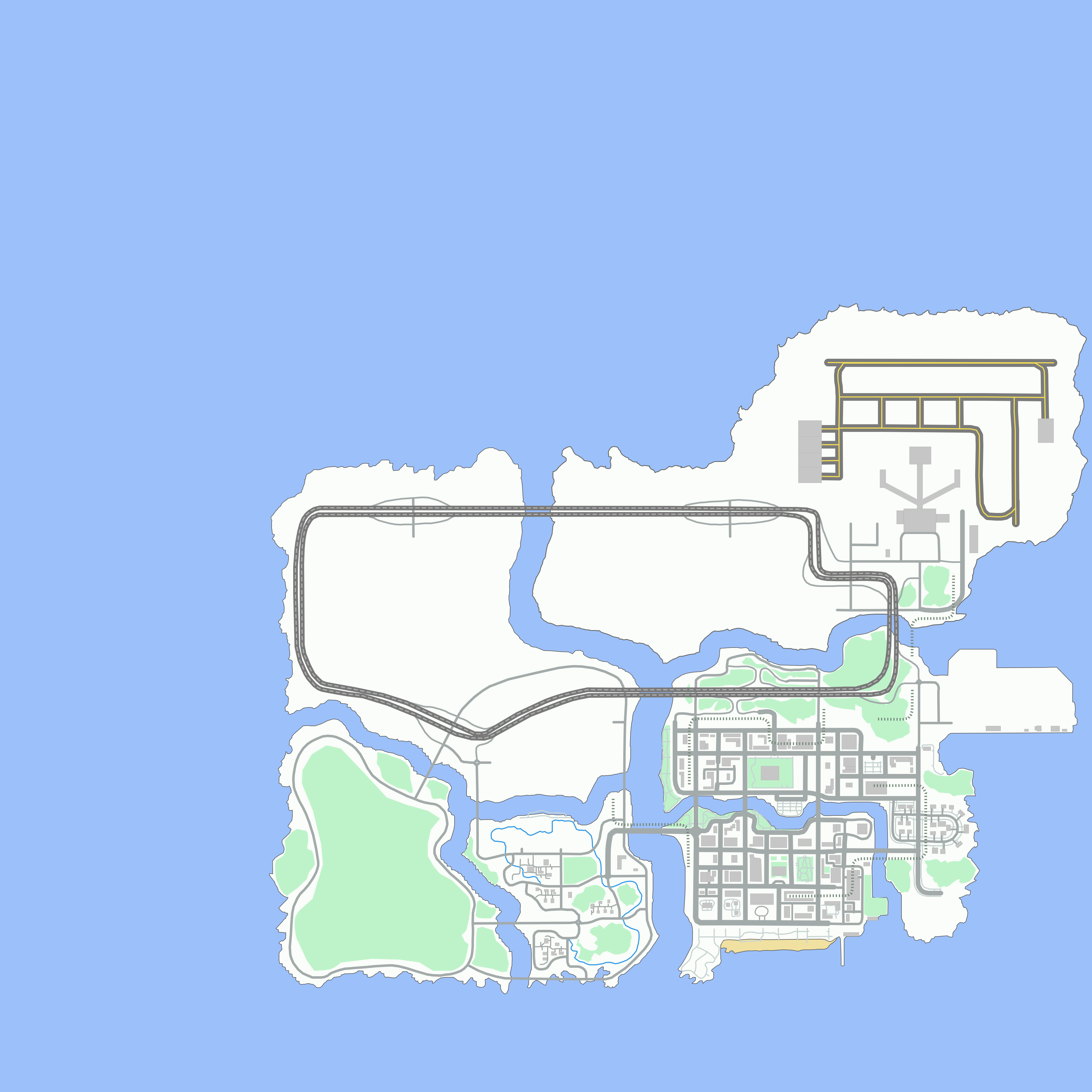 Complete current-build Sunvale map with the northern airport island, western ranch district and southern city
